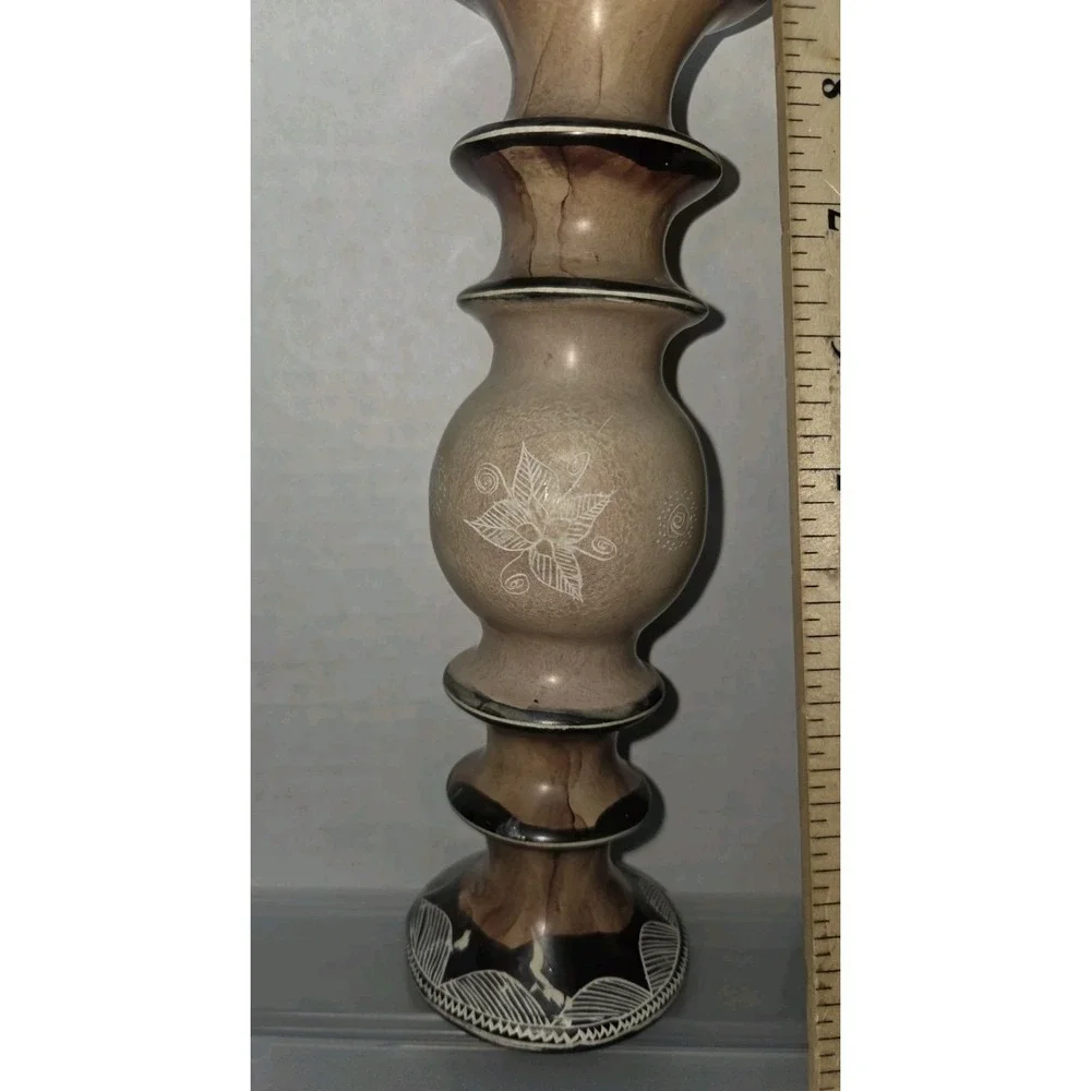 Vintage Hand Painted African Style Stone Candle Holders Set of 2 Kenya Brown
